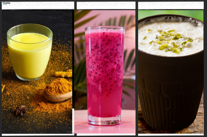 Glass of milk and fruit smoothie as healthy snacks for pregnant women