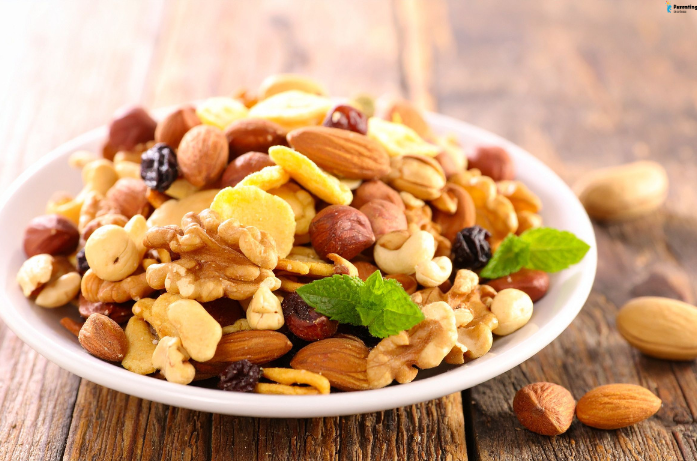 Mixed nuts and seeds prepared as healthy snacks for pregnant women