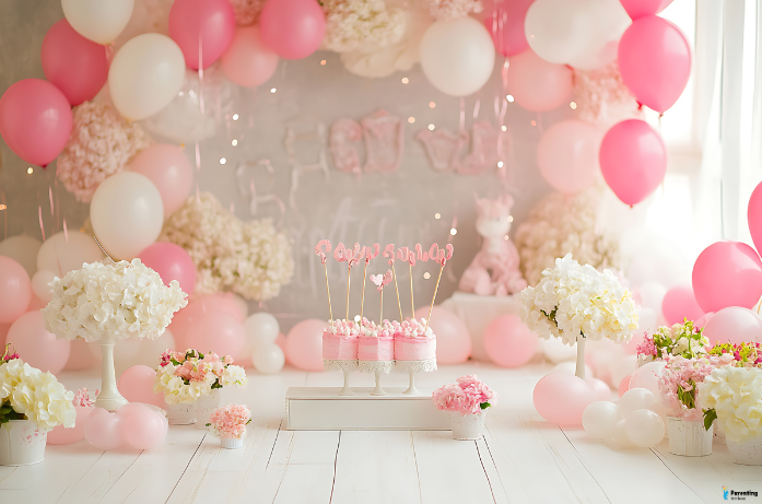 Simple and elegant first birthday celebration decoration with pastel balloons and baby-friendly cake setup