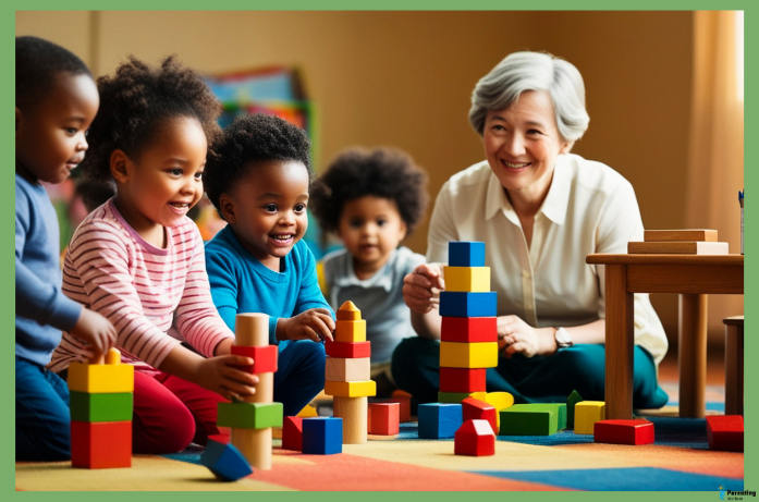 Children learning and interacting in daycare, developing social skills and play through hands-on activities.