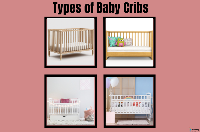 Different types of baby cribs for infants: Standard, convertible, and mini cribs in safe, comfortable nursery settings