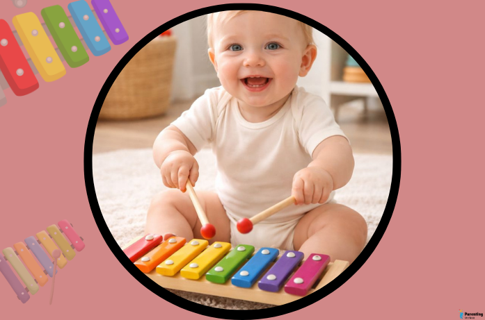 Music toys for early child development shown by a baby playing a colorful xylophone to support creativity, motor skills, and brain development