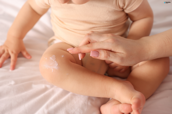 Applying baby-safe moisturizer to keep baby’s skin soft and hydrated as part of baby skin care for summers.