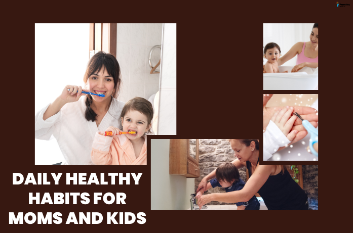 Mom and child brushing teeth together, demonstrating daily hygiene habits for kids.