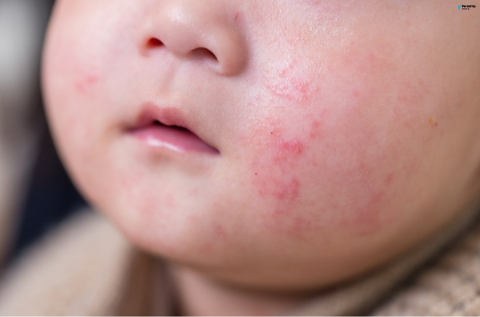 Baby with heat rash, illustrating the importance of preventing prickly heat in baby skin care for summers.