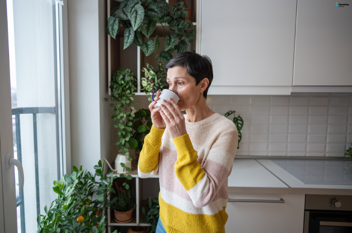 Mom enjoying a cup of tea while practicing self-care, modeling healthy habits for children.