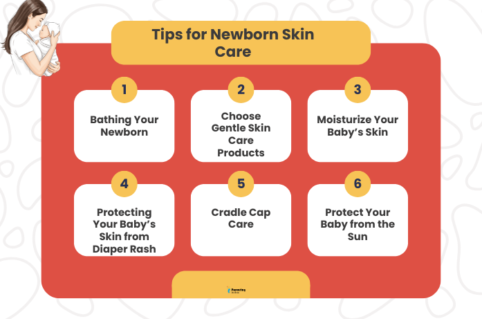 Infographic showing newborn skin care tips like diaper rash protection, cradle cap care, and sun protection.