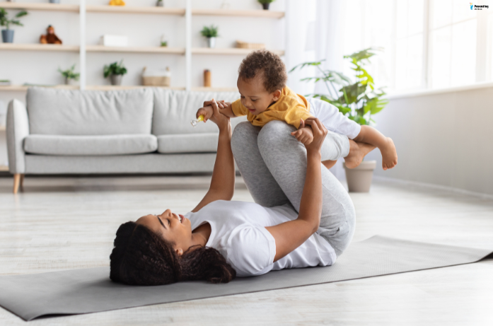 Mom doing yoga on mat with child nearby, practicing daily healthy habits together.